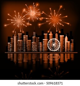 Firework over city at night with reflection in water