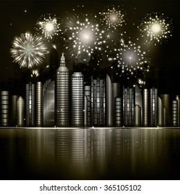 Firework over night city with reflection in river. Vector town with yellow and gold skyscraper, river, light and reflection. Dark blue sky with stars and light. Monochrome background