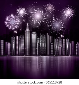 Firework over night city with reflection in river. Vector town with violet skyscraper, river, light and reflection. Dark blue sky with stars and light. Monochrome purple background