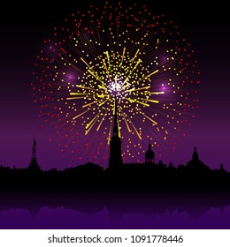 Firework over Peter and Paul Fortress, Saint-Petersburg, Russia. View from Neva river. Russian cityscape silhouette vector background