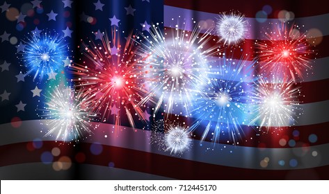 Firework Over USA Flag Background National Holiday Celebration United States Of America Independence Day Flat Vector Illustration