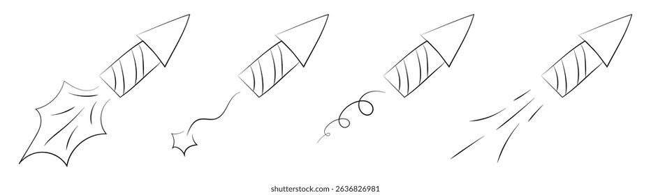 Firework party rocket for birthday or new year to celebrate. Firecracker burst icon for anniversary. Doodle line congratulation explosion with ribbon design. Festive bomb isolated outline pictogram.