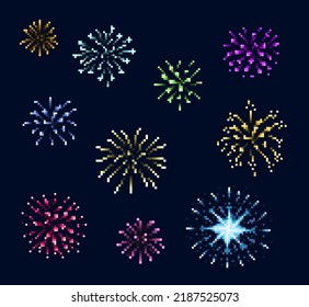 Firework, pixel art fireworks of New Year or Christmas night party, carnival event or holiday celebration. Vector explosion of festive fireworks with colorful light flashes and fire sparkles