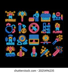 Firework Pyrotechnic neon light sign vector. Glowing bright icon  Flash rocket And Salute, Christmas Explosive Firework And Festival Lights, Illustrations