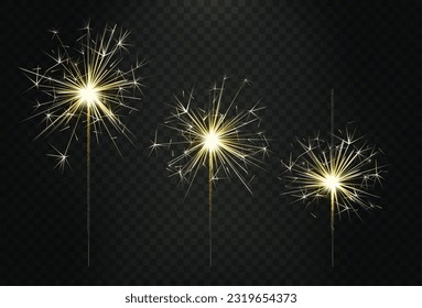 Firework realistic, festive sparkler. Light bengal candle, diwali or christmas fire, fountain for new year or birthday anniversary party, golden flare. Vector exact isolated pyrotechnic illustration