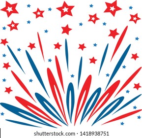 firework in red and blue with stars on a white background. vector independence day illustration.