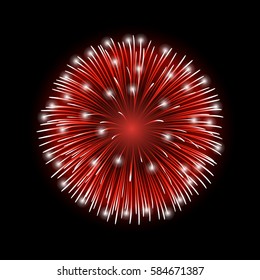Firework red bursting isolated background. Beautiful night fire, explosion decoration, holiday, Christmas, New Year, birthday. Symbol festival, American 4th july celebration. Vector illustration