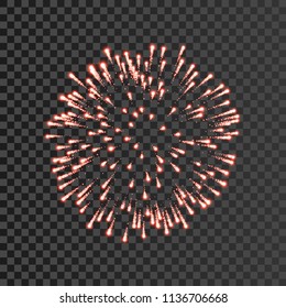 Firework red bursting isolated transparent background. Beautiful night fire, explosion decoration, holiday, Christmas, New Year. Symbol festival, American 4th july celebration Vector illustration