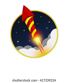 Firework red Rocket Flying in night Sky with stars. Vector. Holiday illustration
