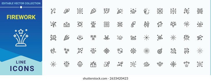 Symbolsatz für Feuerwerk. Gliederungssymbolpaket. Verbunden mit Dekoration, Explosion, Feuer, Dekor, Ereignis. Vektorgrafik im modernen Linienstil. Symbol für Feierlichkeiten im linearen Stil.