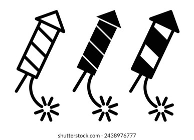 Firework Rocket Display Sign. Festive Firecracker Vector Symbol. Celebration Rocket Icon Set