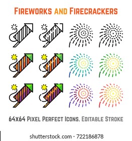 Firework Rocket, Explosion Firecracker and Salute icons. Pyrotechnic set of vector line colorful icons illustration. 64x64 Pixel Perfect. Editable Stroke