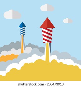Firework Rocket Flying in Sky Vector,Flat Design