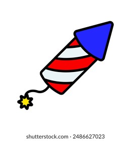 Firework rocket icon. Striped rocket with a lit fuse. Celebration and festive concept.