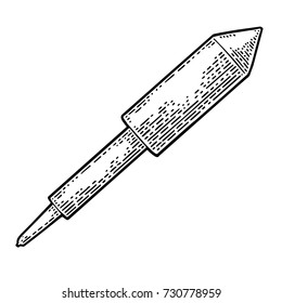 Firework rocket isolated on white background. For Merry Christmas and Happy New Year poster. Vector vintage black engraving illustration.