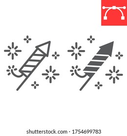 Línea de cohete de fuegos artificiales e icono de glifo, Día de la Independencia y Navidad, gráficos vectoriales de signos de petardos, icono lineal de trazo editable, eps 10