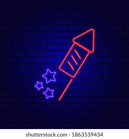 Firework rocket. Night bright neon sign, colorful billboard, icon isolated on brick wall background. Vector Illustration