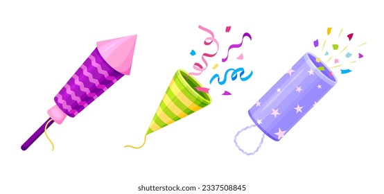 Firework rocket party popper colorful confetti flat set. Pink green purple clapper cracker burst cartoon holiday surprise paper ribbon firecracker icon birthday card surprise event greeting isolated