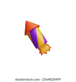 Firework rocket petard with burning wick. Vector 3D cartoon plastic style icon. Volume firecracker launch. Firework pyrotechnic tool. Render festive celebration equipment, explosive toy