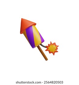 Firework rocket petard with burning wick 3D cartoon plastic style icon. Volume firecracker launch. Vector render festive celebration equipment explosive toy, party celebrate firework pyrotechnic tool