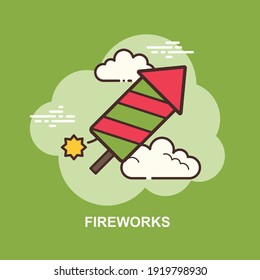 cohete de fuegos artificiales con rayas verdes rojas volando en el cielo con nubes diseño de concepto plano
