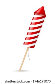 Firework rocket with red stripes on white background