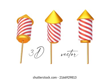 Firework rocket set. 3D rockets in different views.