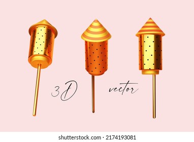 Firework rocket set. 3D rockets in different views.