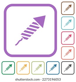 Firework rocket simple icons in color rounded square frames on white background