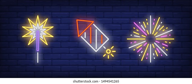 Firework rocket and sparkler neon signs set. Holiday, anniversary, pyrotechnics design. Night bright neon sign, colorful billboard, light banner. Vector illustration in neon style.