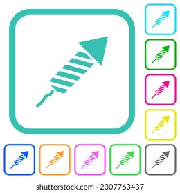 Firework rocket vivid colored flat icons in curved borders on white background