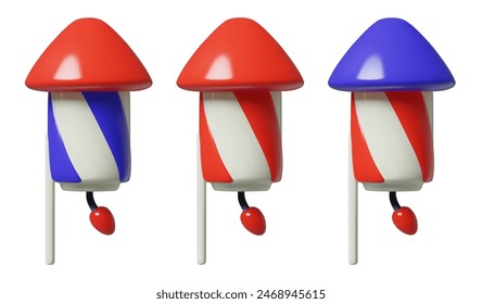 Conjunto de iconos 3d de cohetes de fuegos artificiales. Día de la Independencia de EE.UU. rayado azul, rojo y blanco de dibujos animados de vacaciones de emoticonos render. Elementos de diseño de Vector abstracto minimalista lindo tridimensional. 