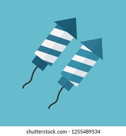 Firework rockets icon in flat design with blue background. In white and blue colors for Israel Independence Day holiday concept.