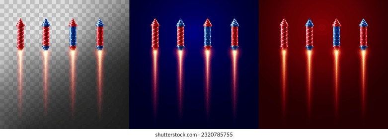 Firework rockets with light explosive effect on transparent,Blue and red background. Vector illustration eps 10