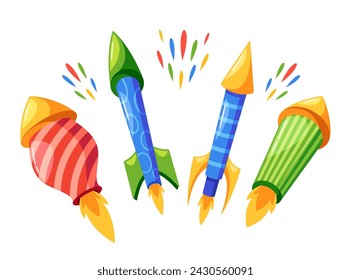 Firework Rockets, Pyrotechnic Devices Designed To Ascend Rapidly Into The Sky, Where They Explode, Vector Illustration