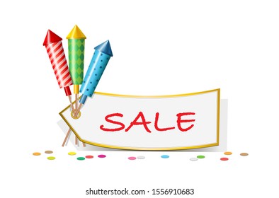 Firework rockets Sale, Colorful Firecrackers, Party Equipment, 
Vector illustration isolated on white background
