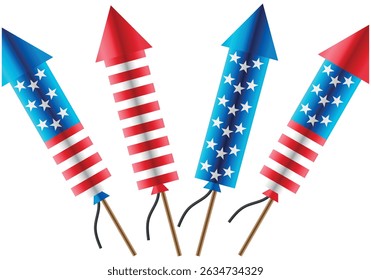 Firework rockets with the Stars and Stripes pattern, independence, memorial or US holiday graphic element isolated on a transparent background