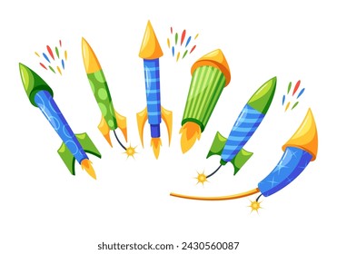 Firework Rockets Vector Set. Pyrotechnic Devices That Shoot Into The Sky, Exploding In Colorful, Sparkling Patterns