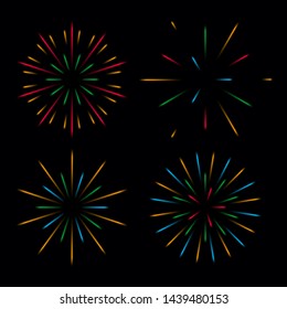 Firework salute burst. Colorful light rays,stars,confetti explosion. Starbursts circles,shining light effects. Festive holiday background. Christmas,New Year,Independence day,anniversary design