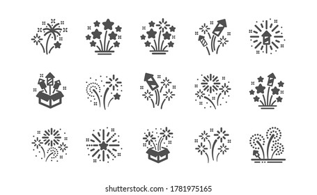 Firework salute icons set. Carnival celebration, christmas explosive pyrotechnic and festival lights. New year firework set icons. Flash rocket, pyrotechnic effects, christmas salute. Vector
