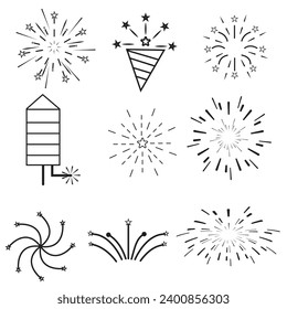 Firework salute icons set. Carnival celebration, christmas explosive pyrotechnic and festival lights. New year firework set icons. Flash rocket, pyrotechnic effects, christmas salute. Vector eps 10