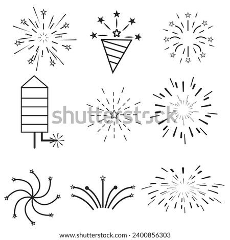 Firework salute icons set. Carnival celebration, christmas explosive pyrotechnic and festival lights. New year firework set icons. Flash rocket, pyrotechnic effects, christmas salute. Vector eps 10