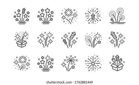 Firework salute line icons set. Christmas explosive pyrotechnic, carnival celebration and festival lights. New year firework set icons. Flash rocket, pyrotechnic effects, christmas salute. Vector