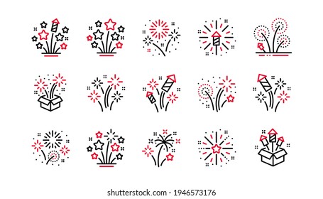 Firework salute line icons set. Christmas explosive pyrotechnic, carnival celebration and festival lights. New year firework set icons. Flash rocket, pyrotechnic effects, christmas salute. Vector