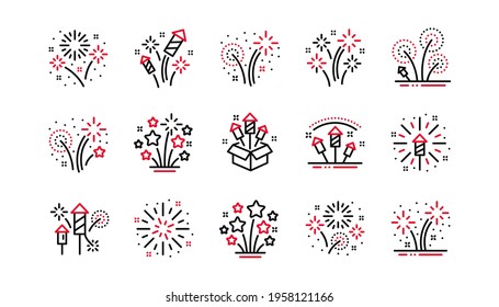 Firework salute line icons set. Carnival celebration, festival lights and christmas explosive pyrotechnic. New year firework set icons. Flash rocket, pyrotechnic effects, christmas salute. Vector