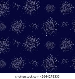 firework seamless pattern in night. Seamless pattern. Vector graphic line ink illustration. for postcard, banner for cards, decorations, stickers, logo, menu, various designs.
