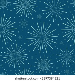 Firework seamless repeat pattern vector background, festive luxurious wallpaper, abstract sunburst sparkling elements, celebration banner design