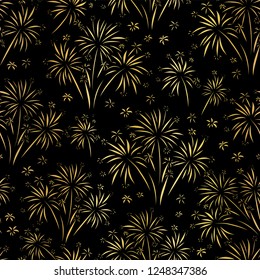 Firework seamless vector pattern. Gold foil isolated. Metallic shiny fireworks on black background. Bright decoration Christmas card, Happy New Year celebration, anniversary, festival, party, July.