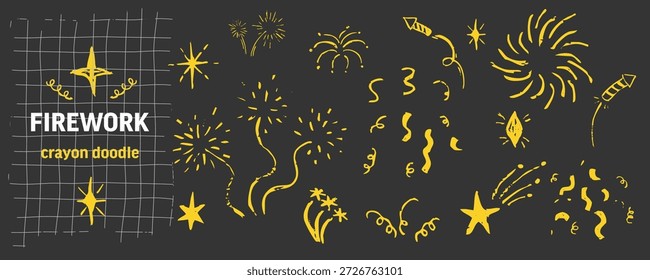 Conjunto de fuegos artificiales, crayón, tiza dibujado a mano estrella parpadeo, fuegos artificiales, silueta de brillo y símbolos brillantes en estilo de boceto. Doodle Confetti grunge decoración sencilla.