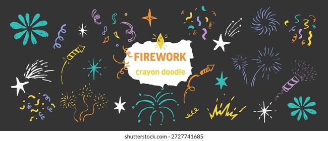 Conjunto de fuegos artificiales, crayón, tiza dibujado a mano estrella parpadeo, fuegos artificiales, silueta de brillo y símbolos brillantes en estilo de boceto. Doodle Confetti grunge decoración sencilla.